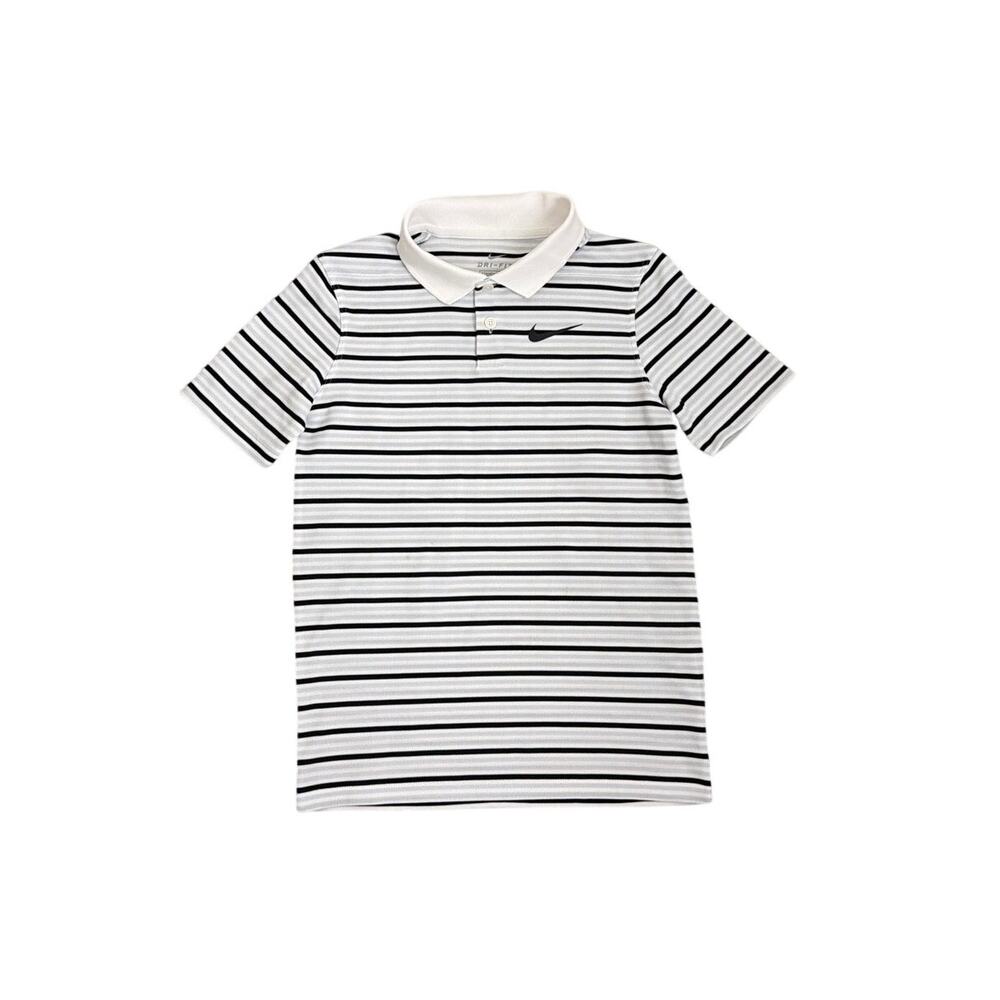 Nike Dri-Fit Striped White Blue Polo Golf Athletic Shirt Youth Medium 10/12